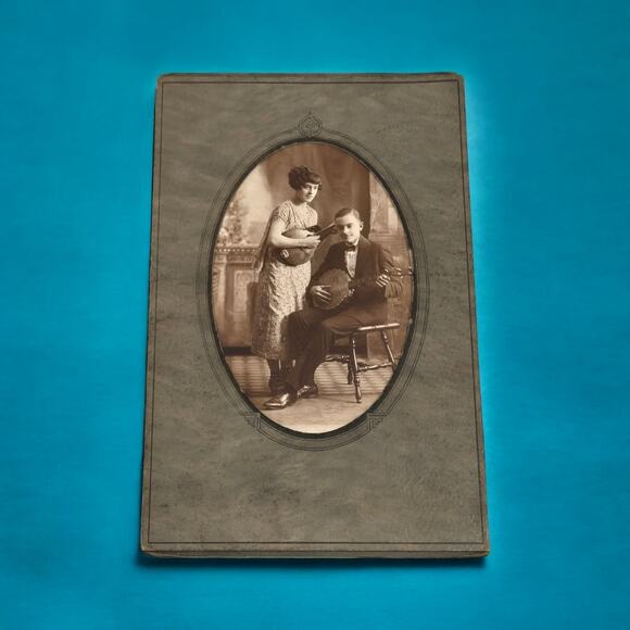 Antique Studio Photo Musical Duo Couple Banjo Mandolin Guitar Edwardian Fashion - Picture 2 of 5